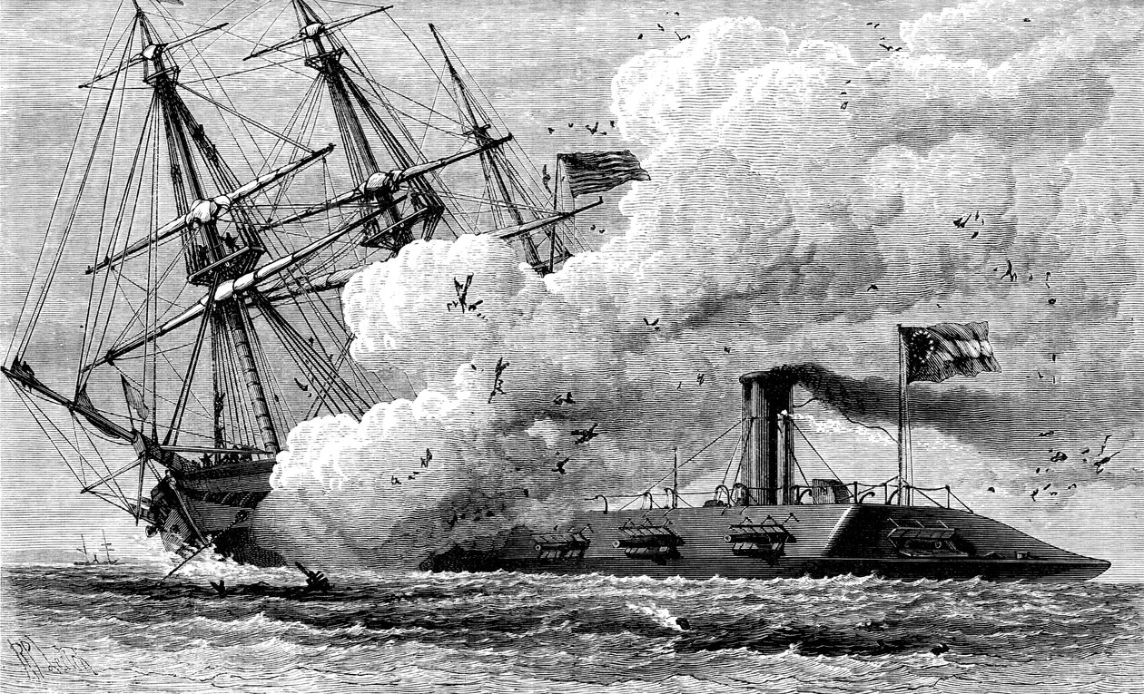 O Merrimac, confinado ao ferro, afundando o USS Cumberland, 1862 c1880 de Unbekannt