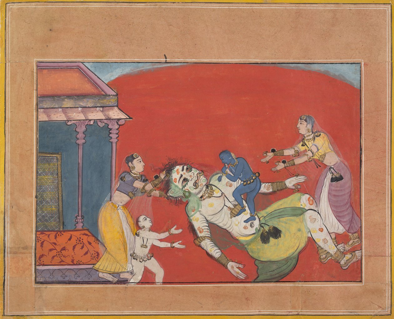 A morte da demoníaca Putana: fólio de uma série de Bhagavata Purana, ca. 1610 de Unbekannt
