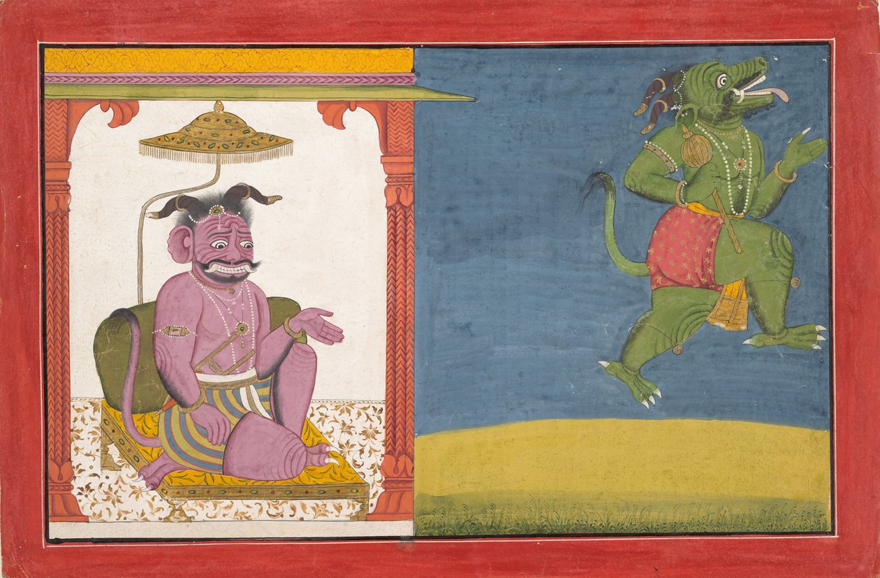 O Demônio Hiranyaksha Parte do Palácio Demônio ... de uma Série Bhagavata Purana, ca. 1740 de Unbekannt