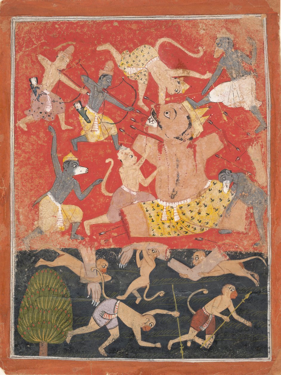 O Demônio Kumbhakarna é Derrotado por Rama e Lakshmana ..., ca. 1670 de Unbekannt