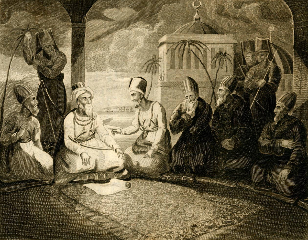 O Dey de Argel consultando seu conselho sobre a chegada da frota inglesa, 1816. de Unbekannt