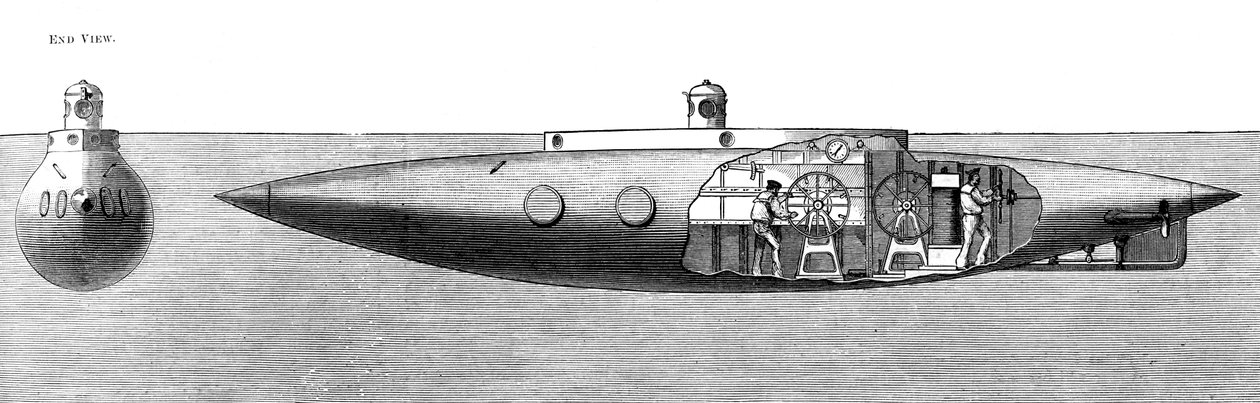 O barco submarino afundando e subindo de deslocamento, 1887 de Unbekannt