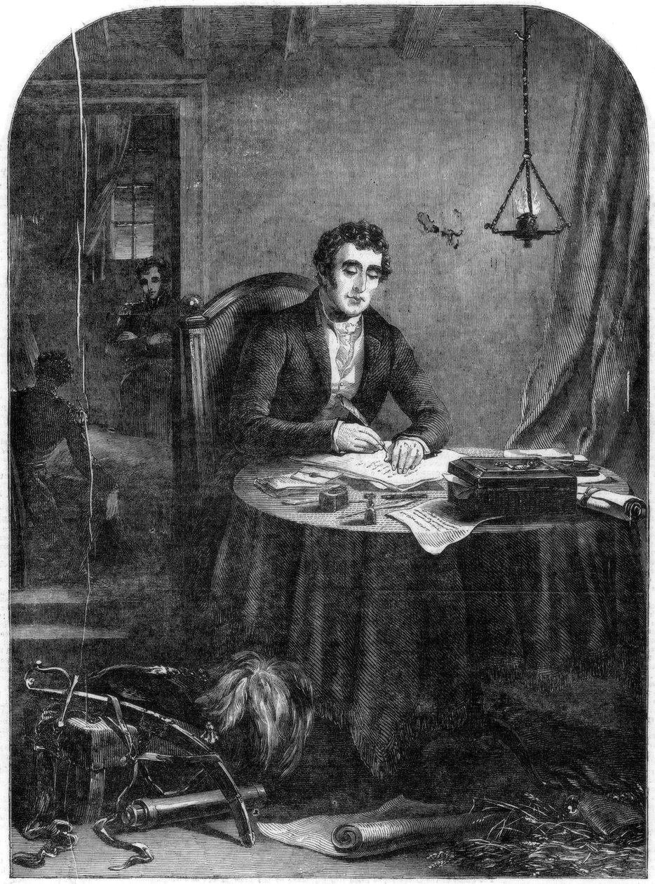 O Duque de Wellington escrevendo os despachos após a Batalha de Waterloo, 1815, 1852 de Unbekannt