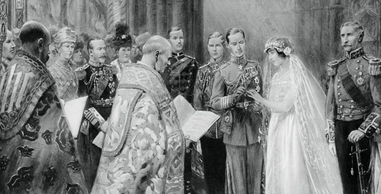 O Duque de York colocando o anel no dedo de Lady Elizabeth Bowes-Lyons, 26 de abril de 1923, 1937 de Unbekannt