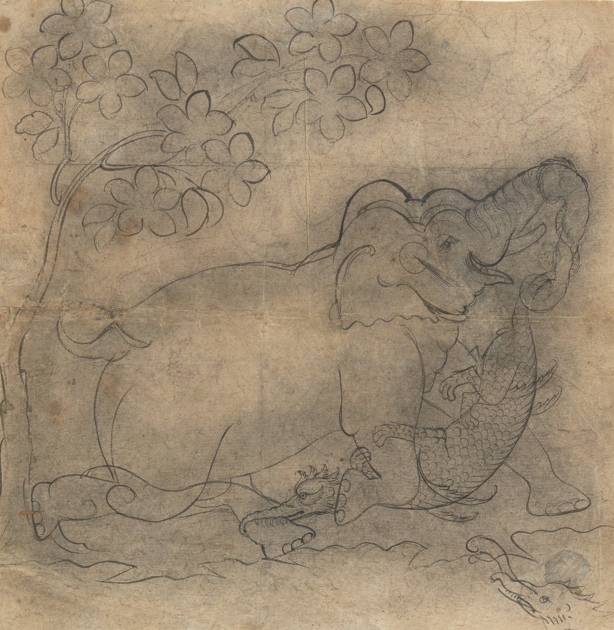 O Rei Elefante Luta com um Crocodilo: Ilustração de uma série Gajendramoksha, no final do século XIX. de Unbekannt