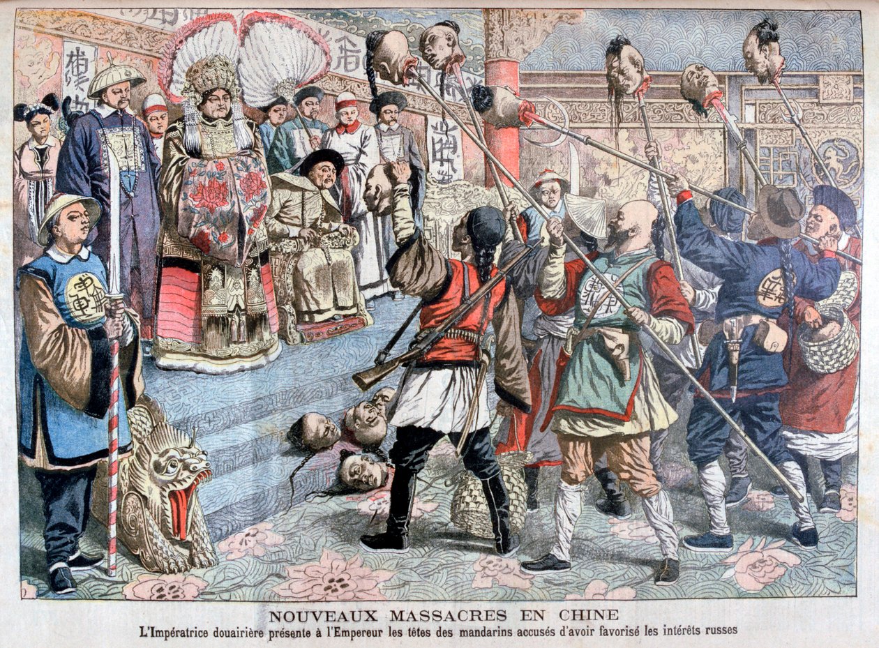 O imperador sendo mostrado chefes de mandarim suspeitos de apoiar os russos, China, 1904 de Unbekannt