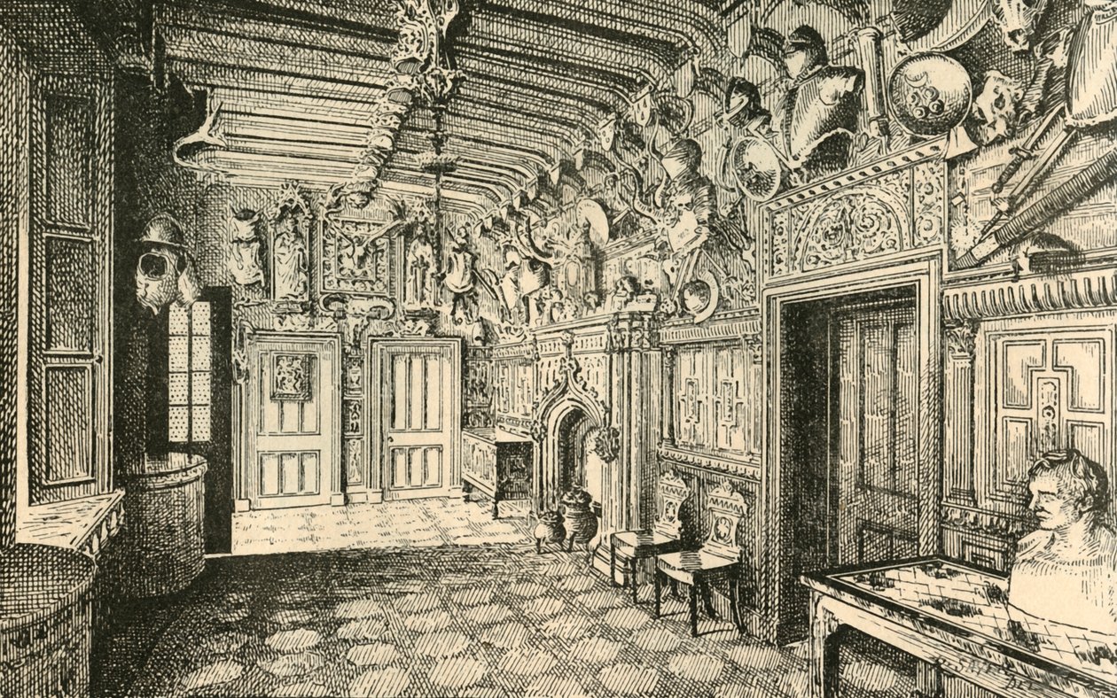O hall de entrada. - Ao longo do muro estão muitos trajes da armadura antiga., 1882. de Unbekannt