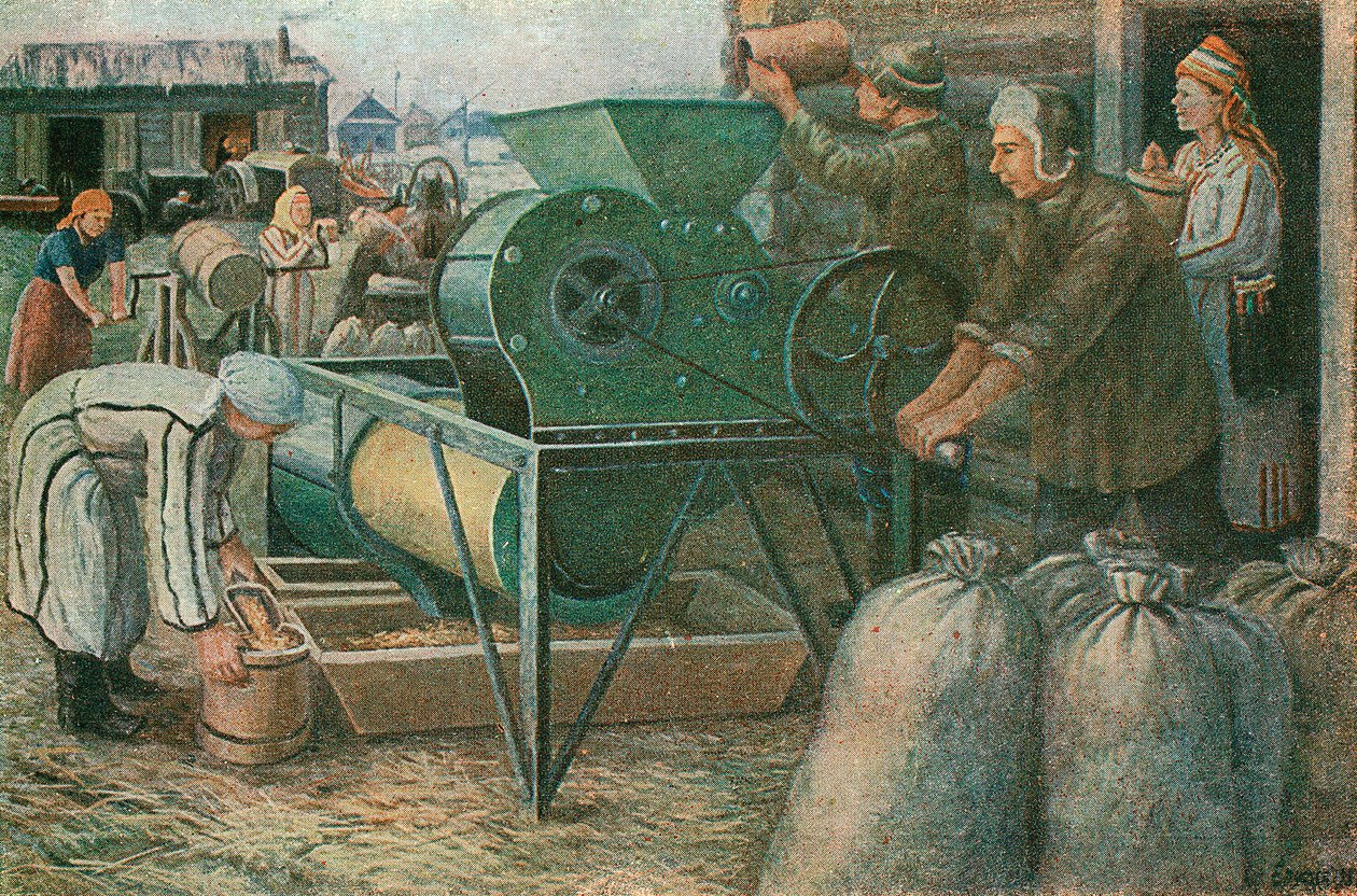 A luta pela colheita: triagem de sementes em uma fazenda coletiva de Mordva, 1933 de Unbekannt