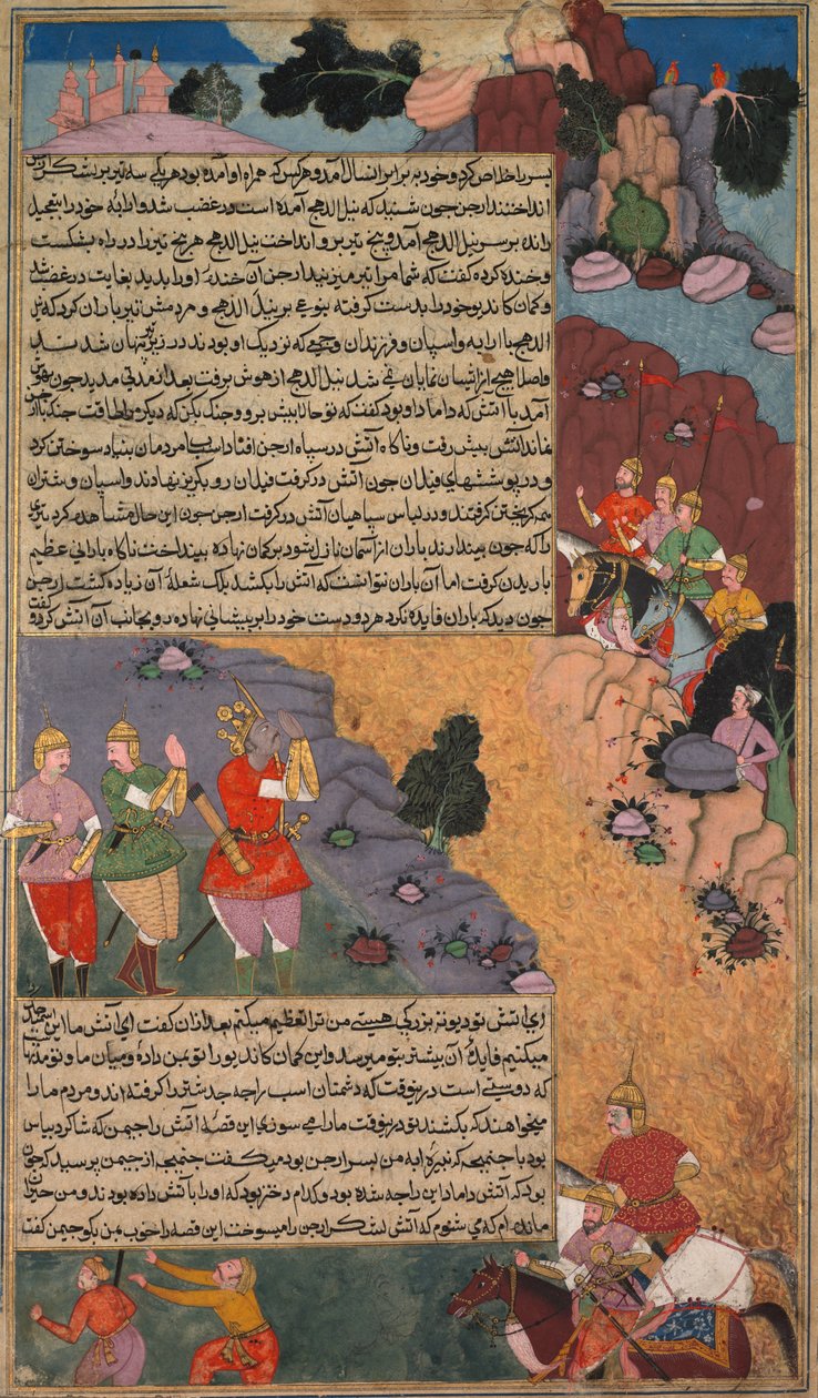 A Primeira Aventura do Cavalo Branco, Página do Khan Khanans Razm Nama ..., c. 1610-17. de Unbekannt
