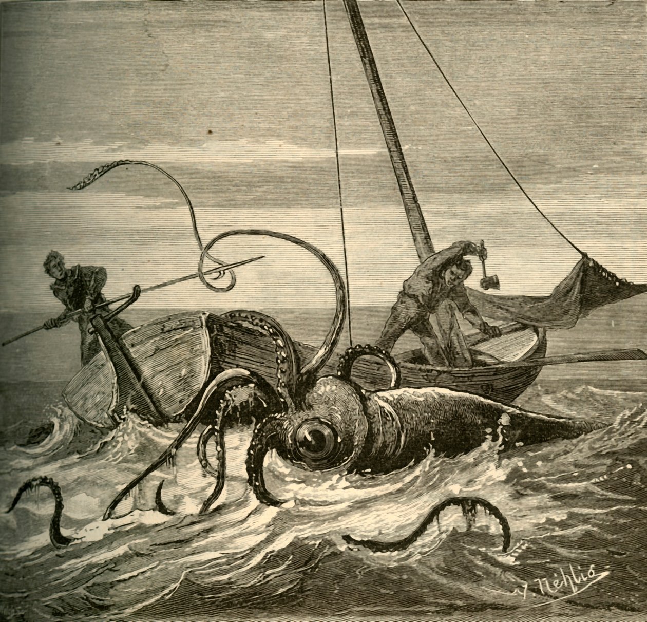 A batalha dos pescadores com a lula gigante, 1881. de Unbekannt