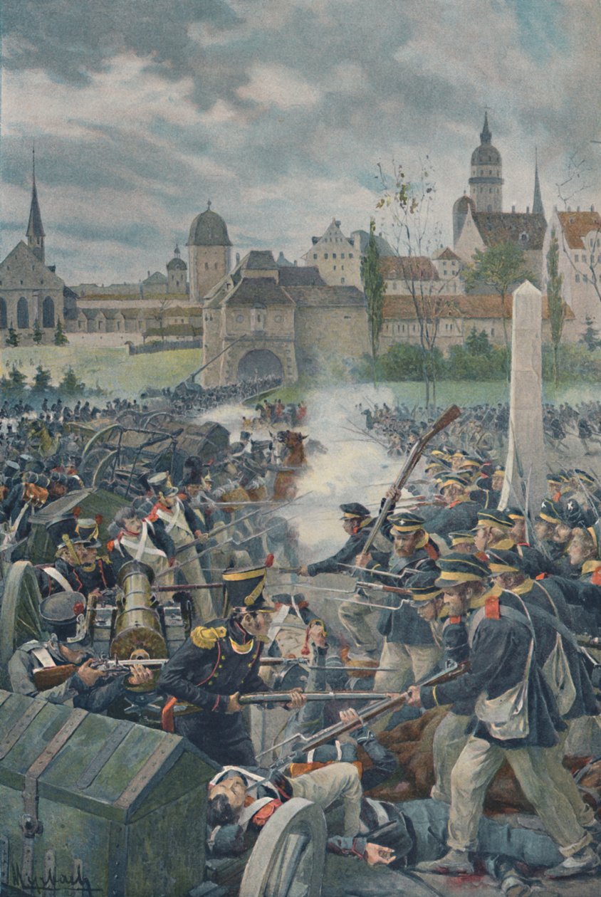 O exército francês deixando Leipsic, 1813, 1896. de Unbekannt