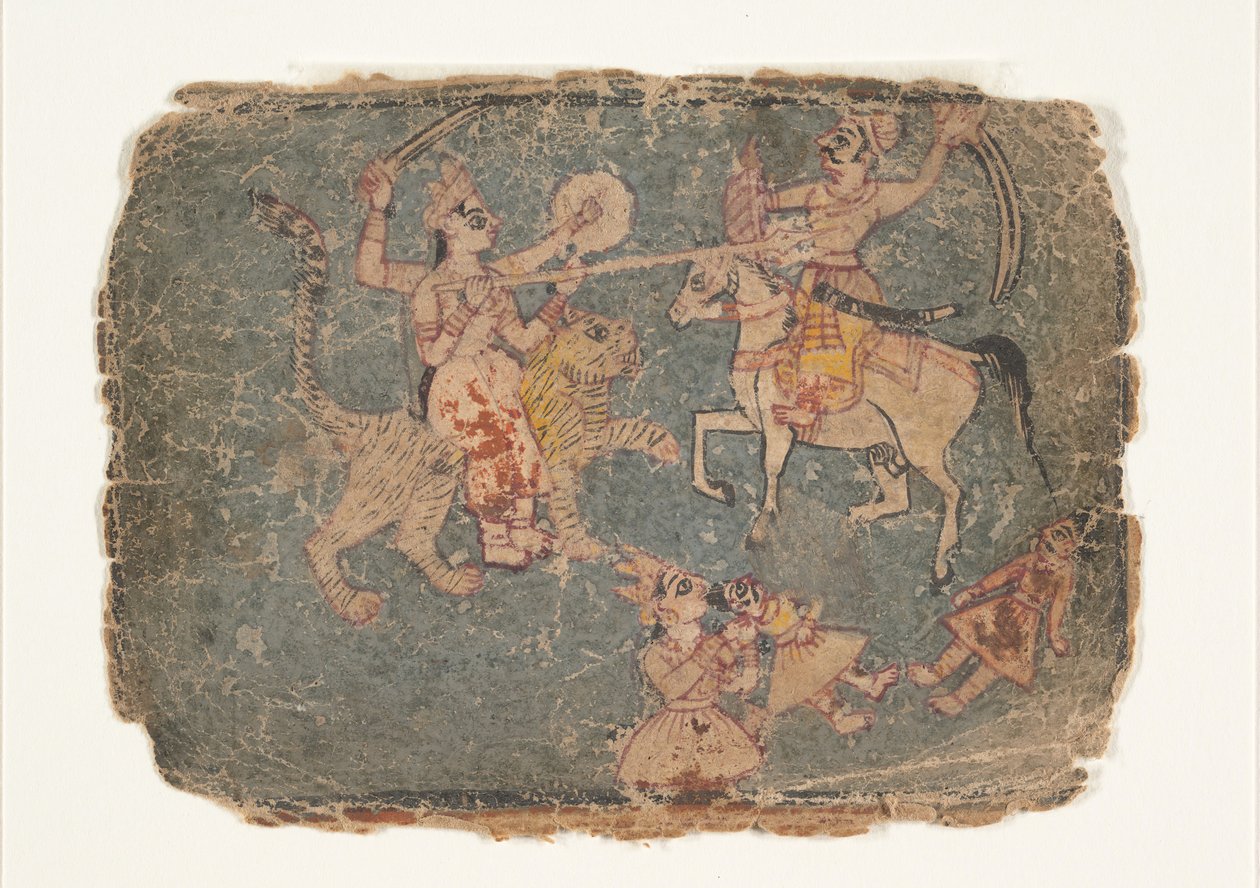 A deusa Durga matando um inimigo, página de um Markandeya Purana disperso..., 1650-60. de Unbekannt