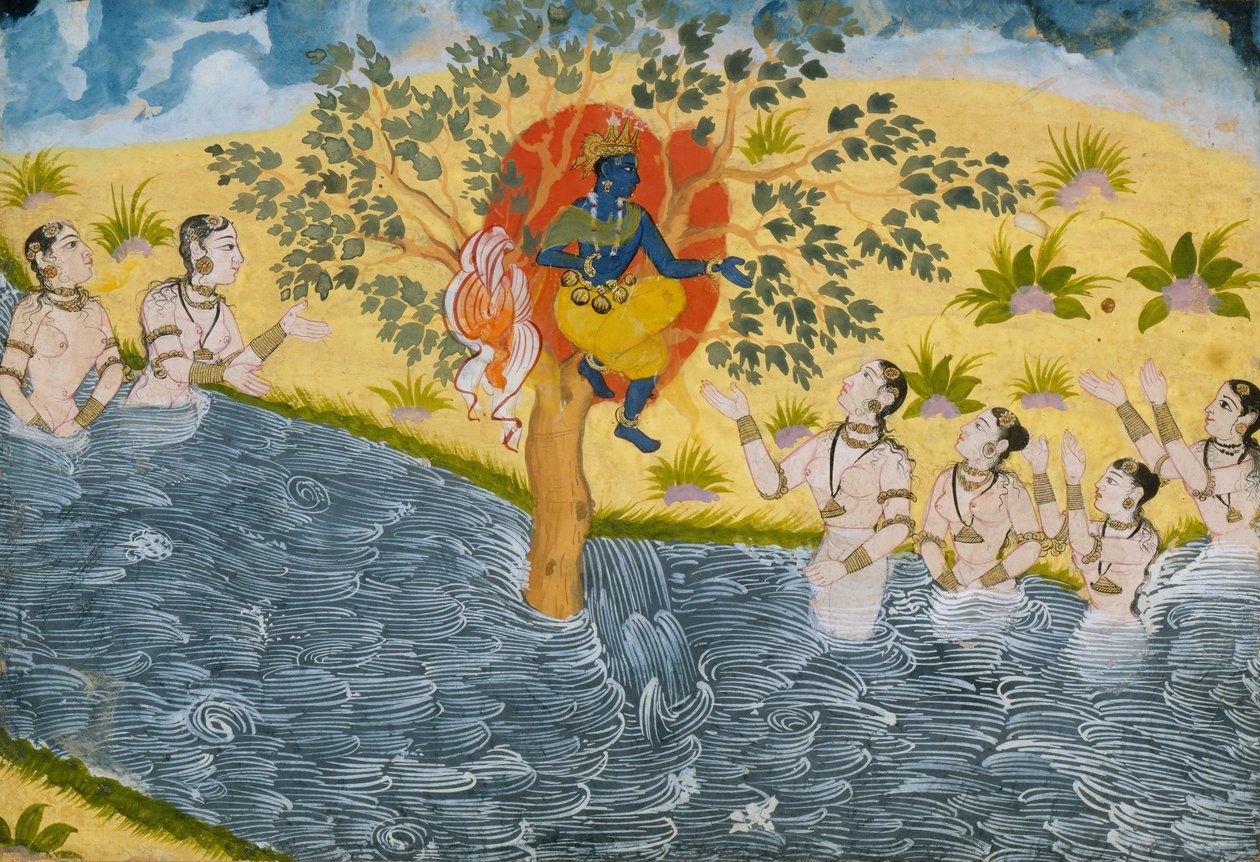 As Gopis pedem a Krishna que devolva suas roupas, Página de um Bhagavata Purana ..., ca. 1610 de Unbekannt