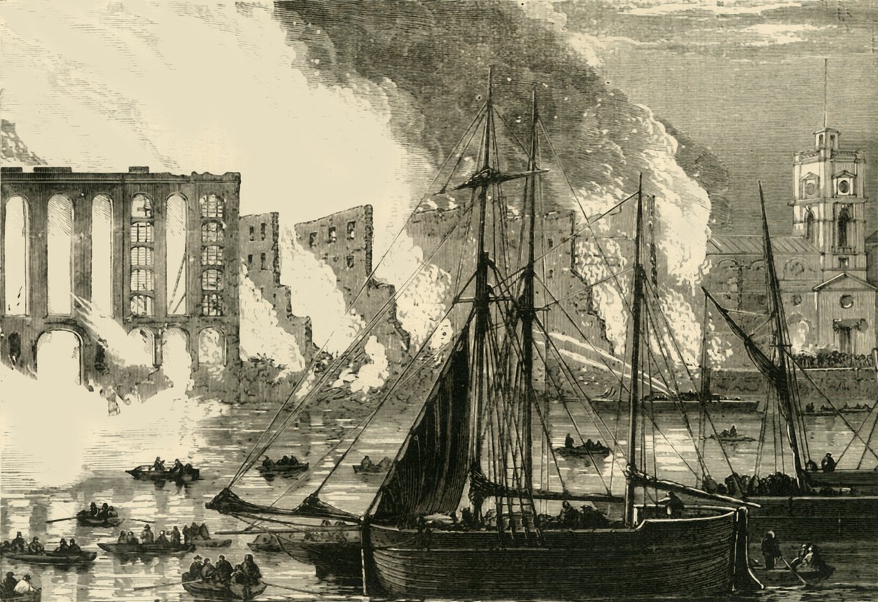 O grande incêndio em Cottons Wharf Tooley Street, 1861, c1878. de Unbekannt