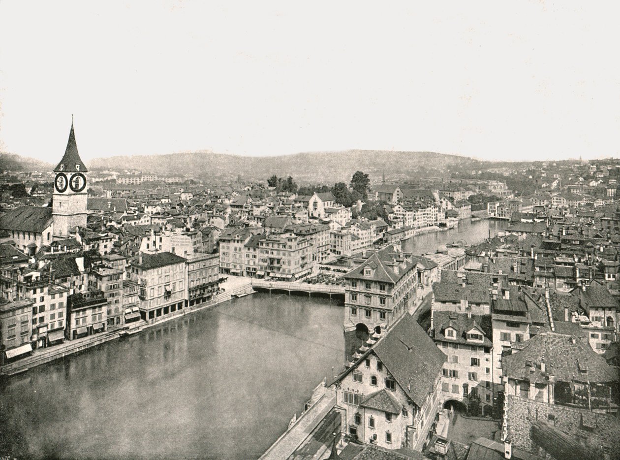 A cidade grande e a pequena cidade divididas pelo rio Limmat, Zurique, Suíça, 1895. de Unbekannt
