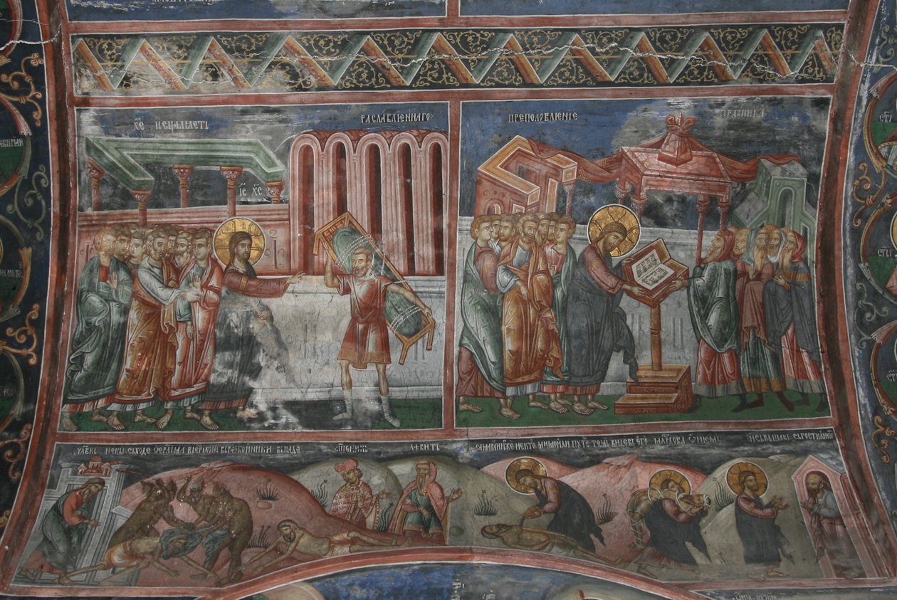 A cura em Cafarnaum e outras cenas da vida de Cristo, século XIV de Unbekannt