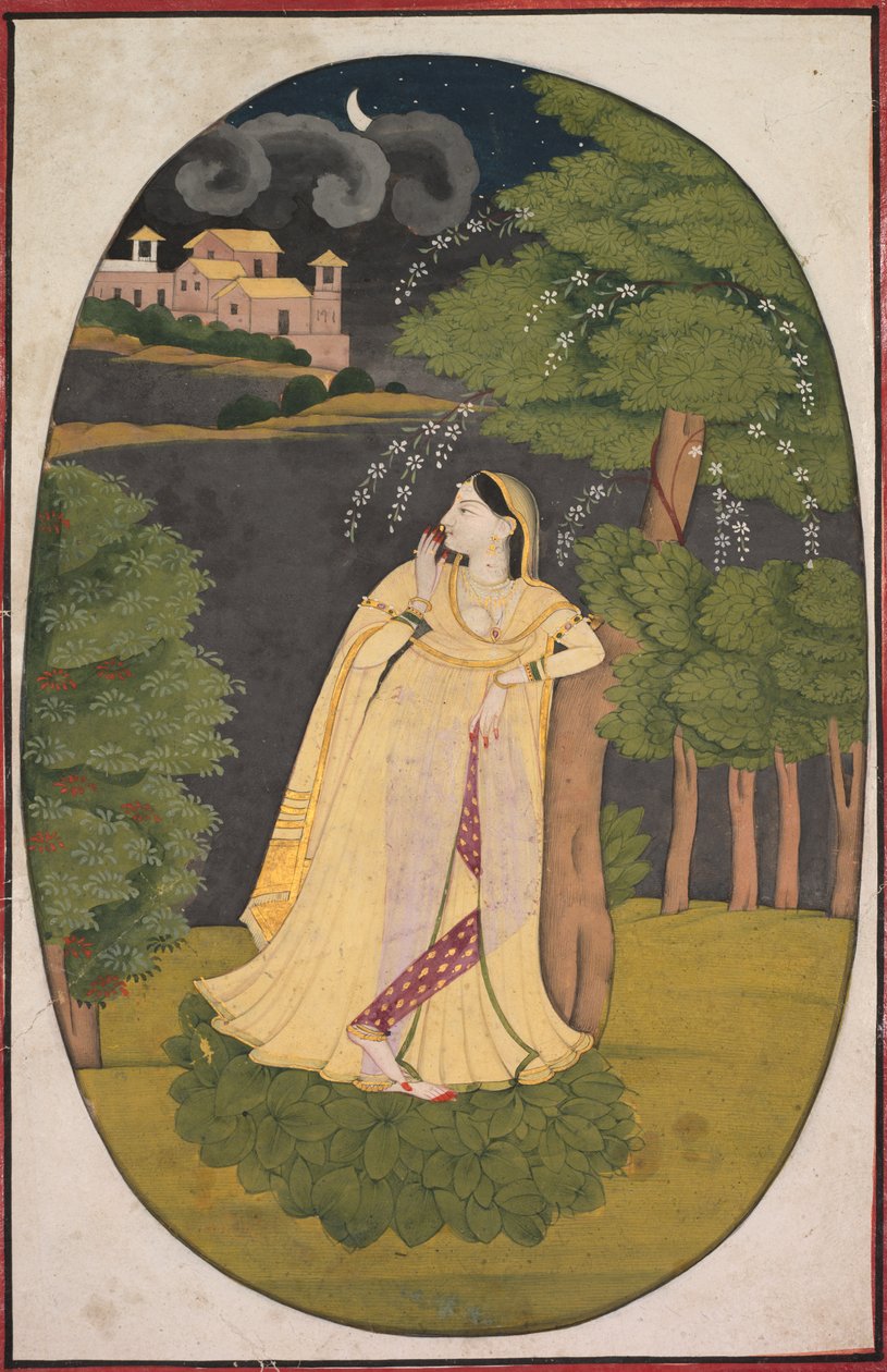 A heroína que espera ansiosamente por seu amante ausente Utka Nayika, c. 1800. de Unbekannt