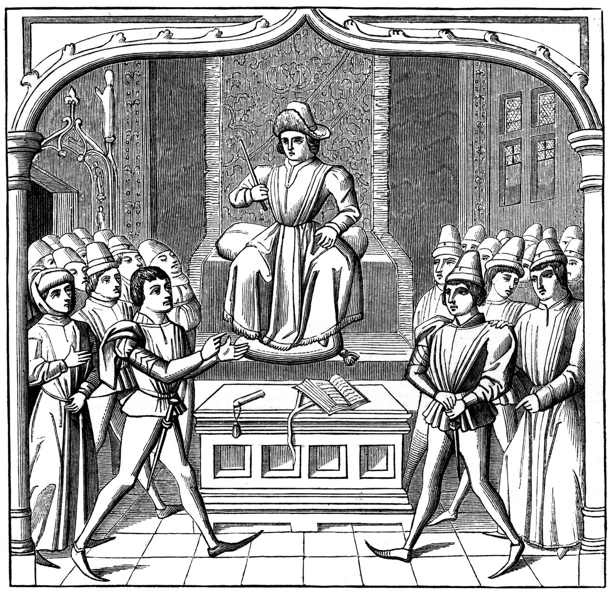 O duelo judicial, o autor que abre seu caso perante o juiz, século 1549 de Unbekannt