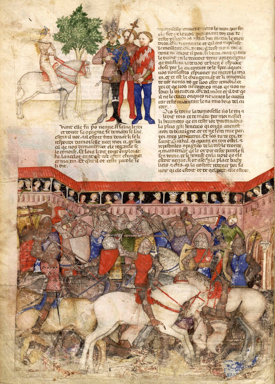 Os cavaleiros da miniatura redonda da missão do Santo Graal e a morte de Arthus, ca 1220 de Unbekannt