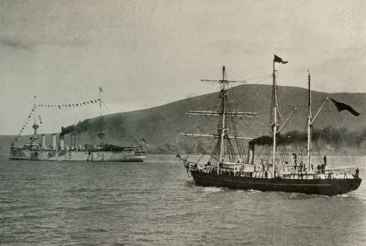 The Nimrod Passing HMS Powerful, ... em Lyttelton Harbor, em 1 de janeiro de 1908, 1909. de Unbekannt