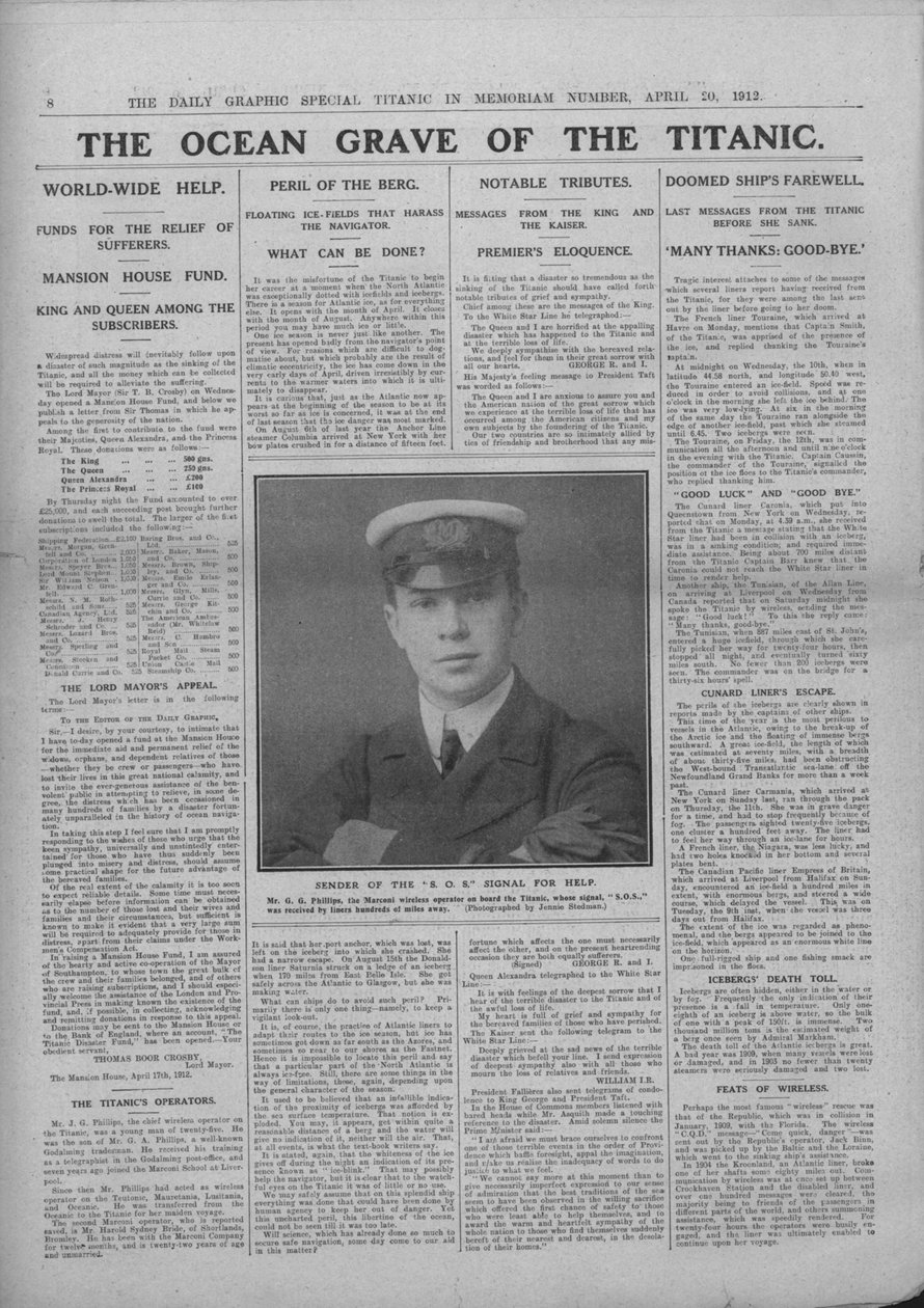 A sepultura do oceano no Titanic e fotografia de Jack Phillips, 20 de abril de 1912. de Unbekannt