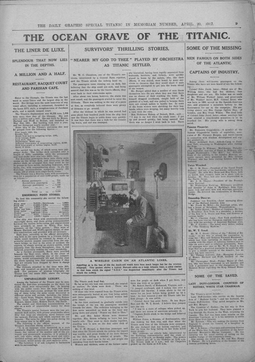 O túmulo oceânico do Titanic e fotografia de uma operadora sem fio, em 20 de abril de 1912. de Unbekannt