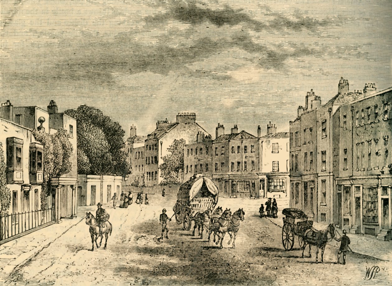 A antiga vila de Vauxhall, com entrada para os jardins, em 1825, c1878. de Unbekannt