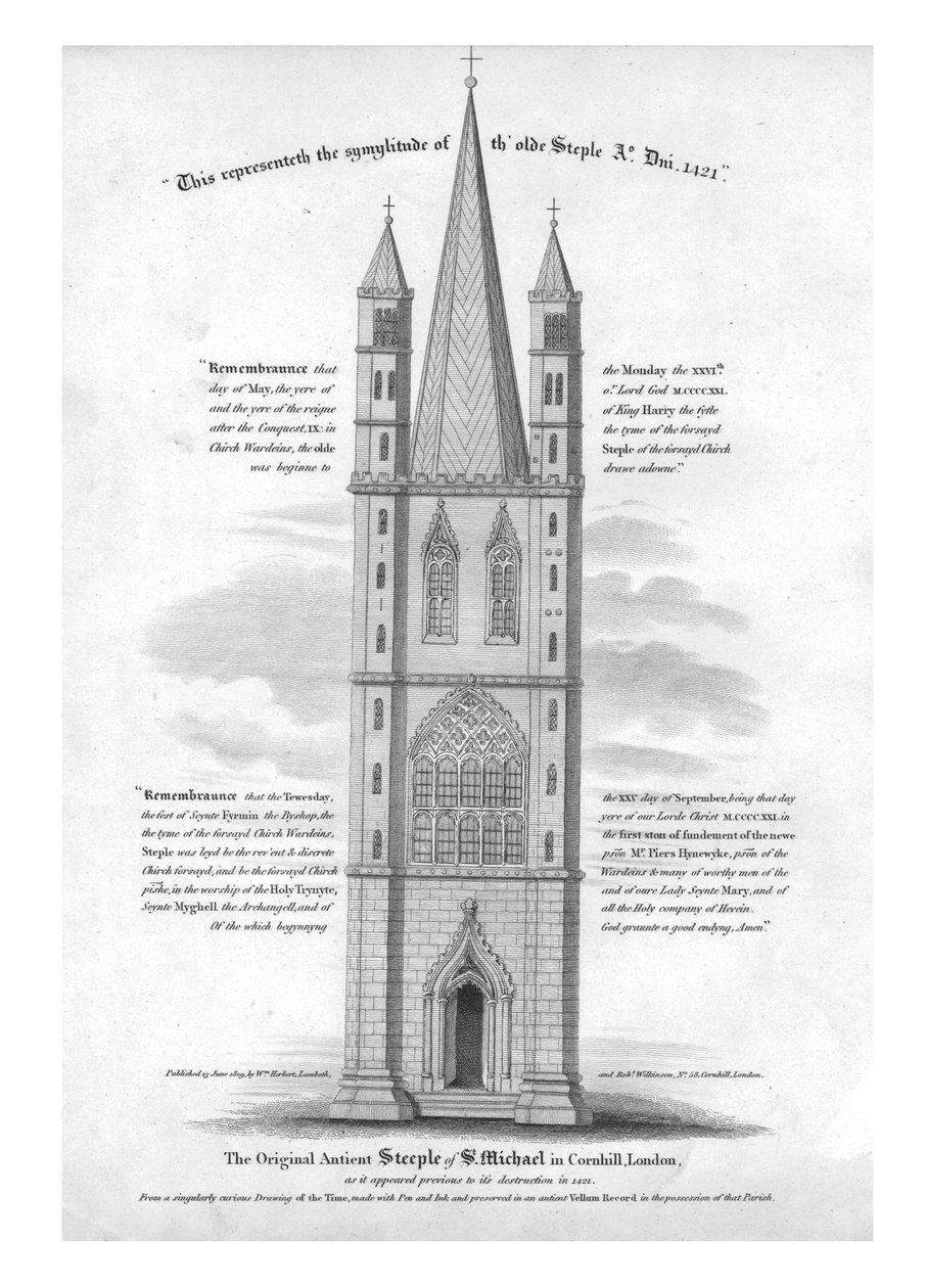 O campanário antigo original de São Miguel em Cornhill, Londres ... 1421, 1809. de Unbekannt