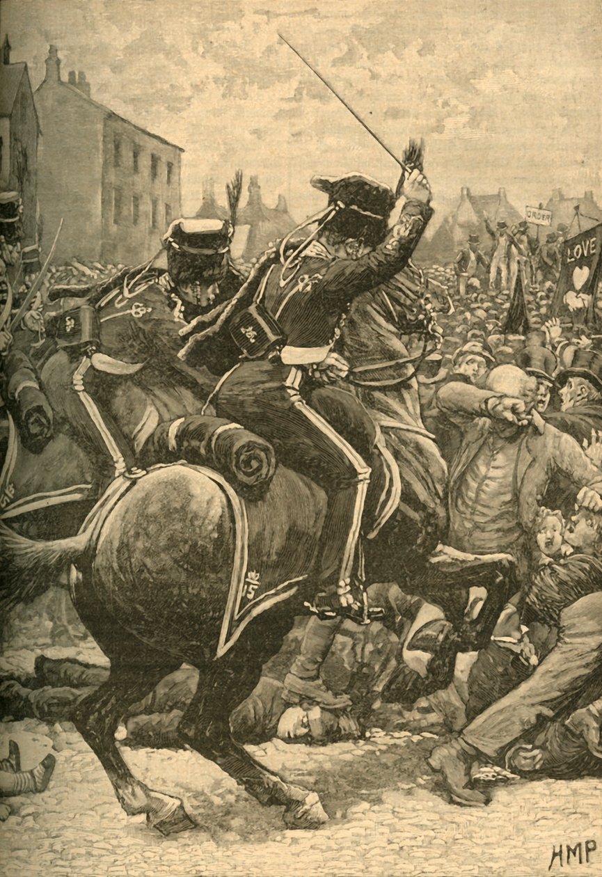 O Massacre de Peterloo: hussardos cobrando o povo, Manchester, 1819 c1890. de Unbekannt