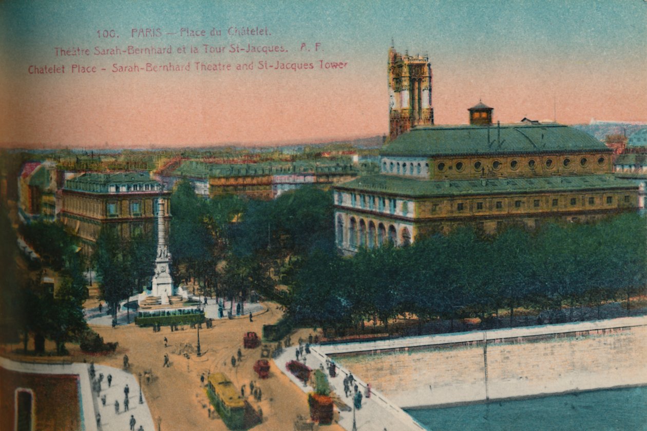 A Place du Châtelet - Teatro Sarah Bernhardt e o Tour Saint-Jacques, c1920 de Unbekannt
