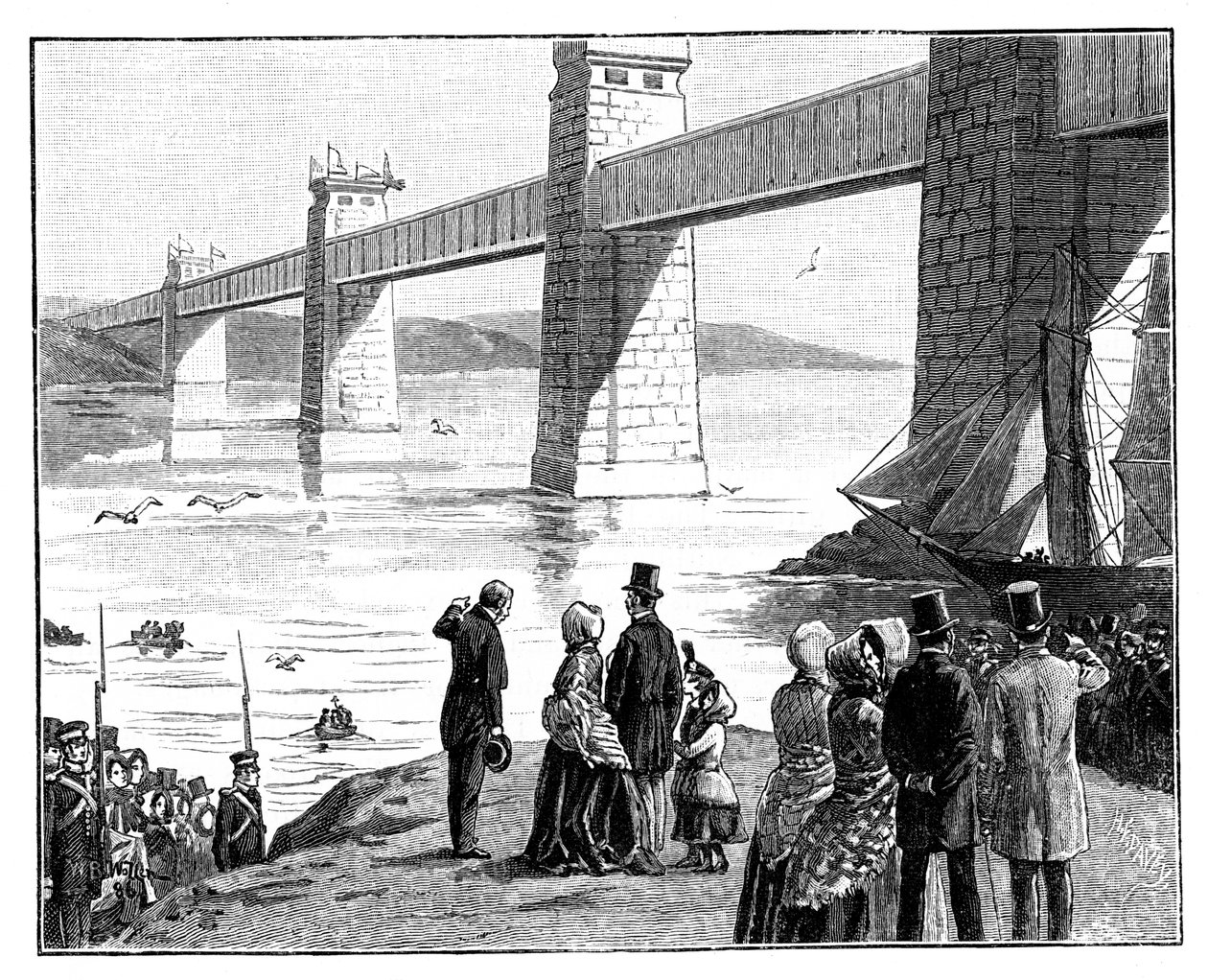 As Queens visitam a Ponte Tubular Britannia, País de Gales, c1888 de Unbekannt