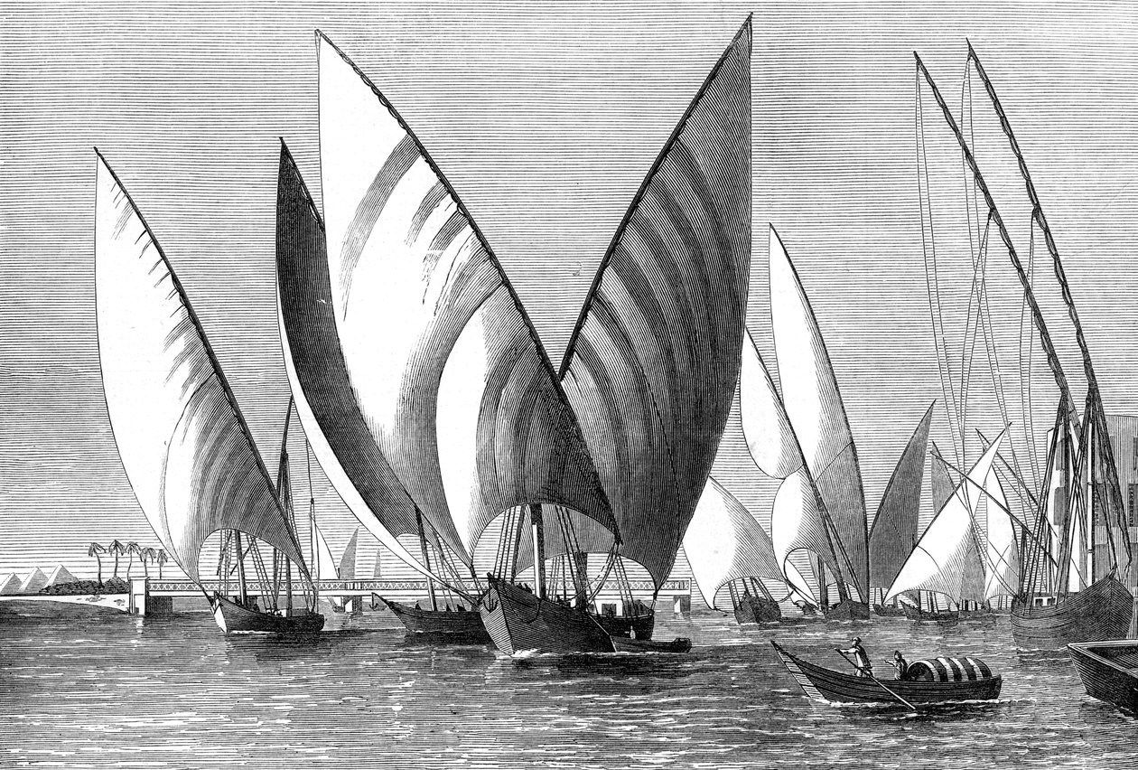O rio na ponte Boulak, Cairo, com as dahabeahs passando, 1874 de Unbekannt