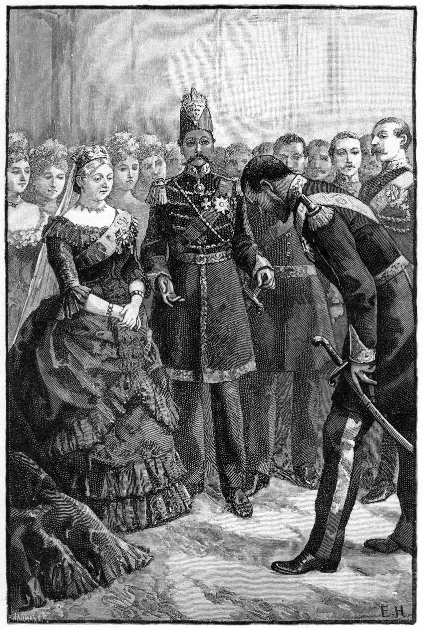 O xá da Pérsia apresentando seu traje à rainha Victoria em Windsor, em meados do século XIX de Unbekannt