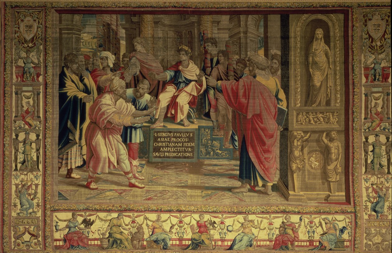 O Feiticeiro Elymas surpreendido por São Paulo perante o governador romano Sergius Paulus, detalhe das tapeçarias de Bruxelas, réplicas da série dos Atos dos Apóstolos de Rafael no Vaticano (tapeçaria) de Unbekannt