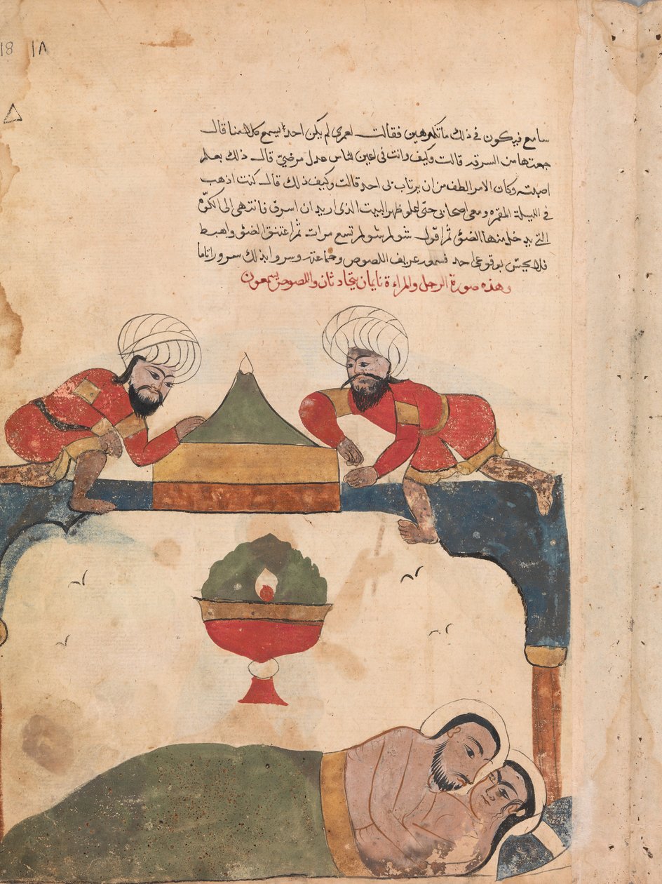 The Thieves on the Roof Awaken the Merchant, Folio from a Kalila wa Dimna, século XVIII. de Unbekannt