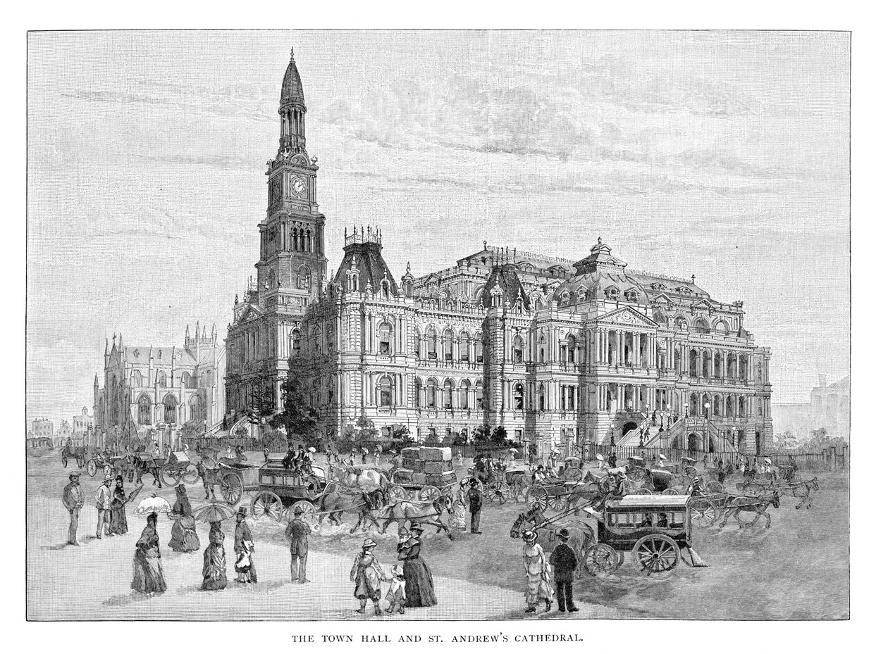 A Câmara Municipal e a Catedral de St Andrews, Sydney, Nova Gales do Sul, Austrália, 1886 de Unbekannt