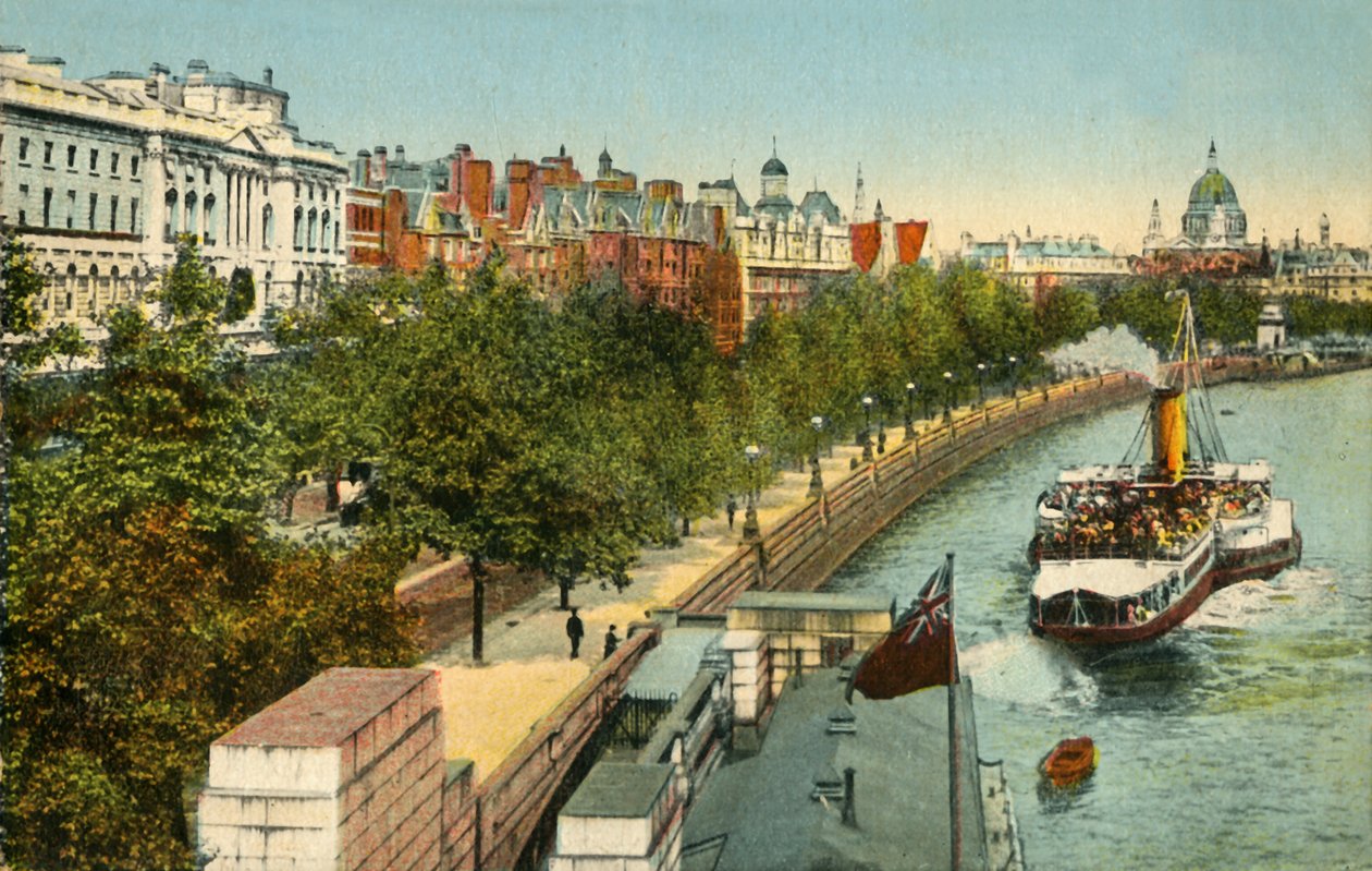 Victoria Embankment, e navio a vapor no rio Tamisa, Londres, c1910. de Unbekannt