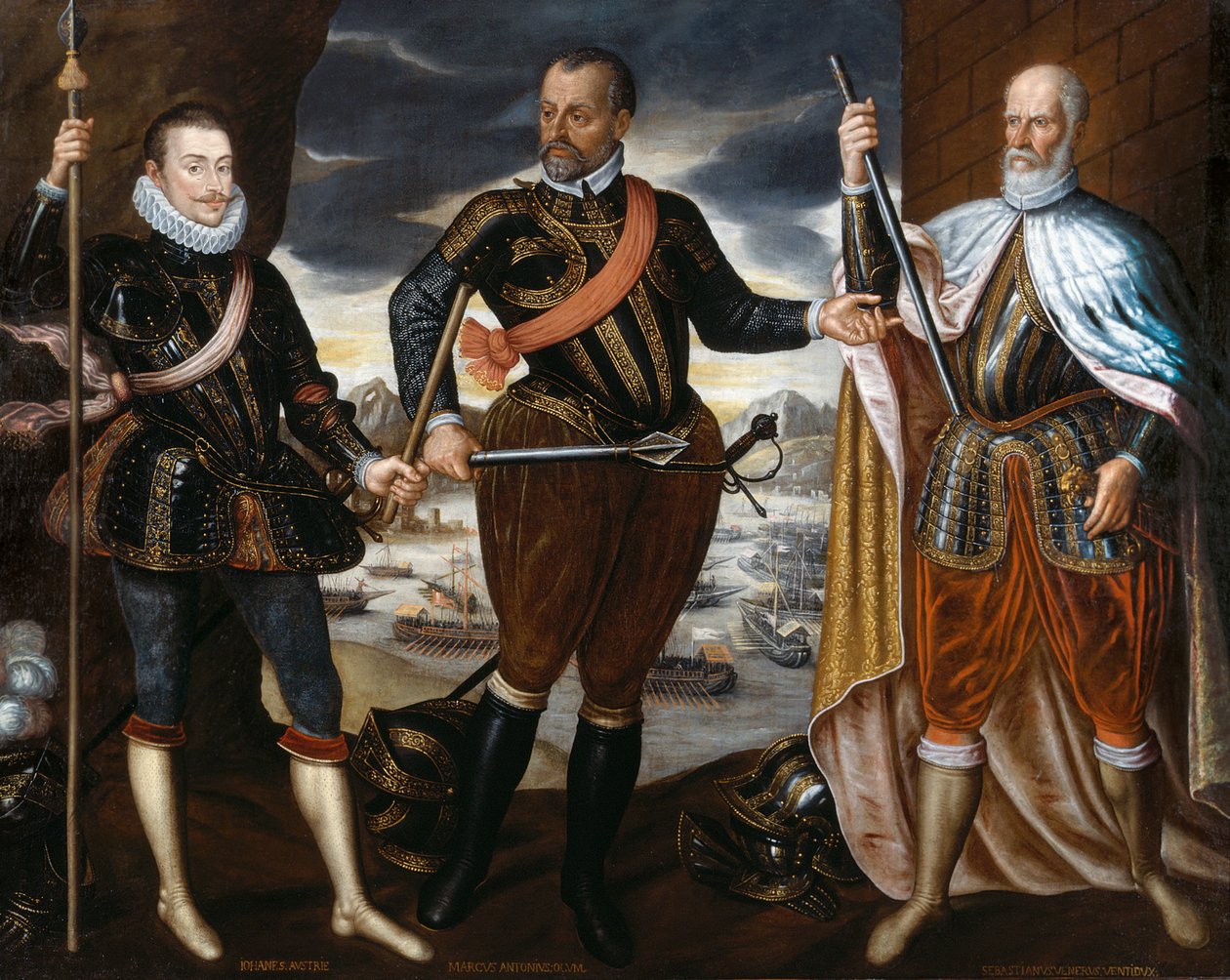 Os vencedores de Lepanto: João da Áustria, Marcantonio Colonna, Sebastiano Venier, ca. 1575. de Unbekannt