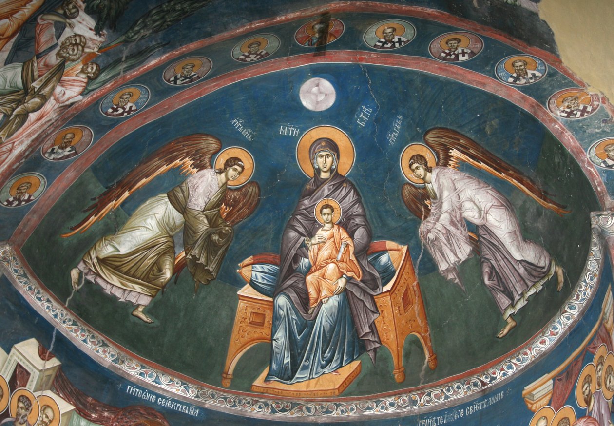 A Virgem Entronizada com Cristo Emmanuel com os Arcanjos Miguel e Gabriel, século XIV de Unbekannt
