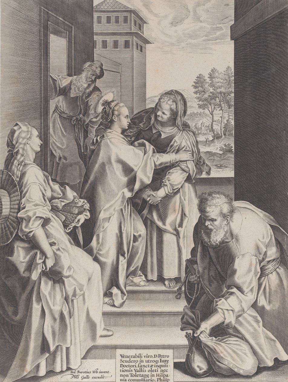 A Visitação, a Virgem e Santa Isabel abraçadas ao centro, ladeadas por outras f..., 1589. de Unbekannt