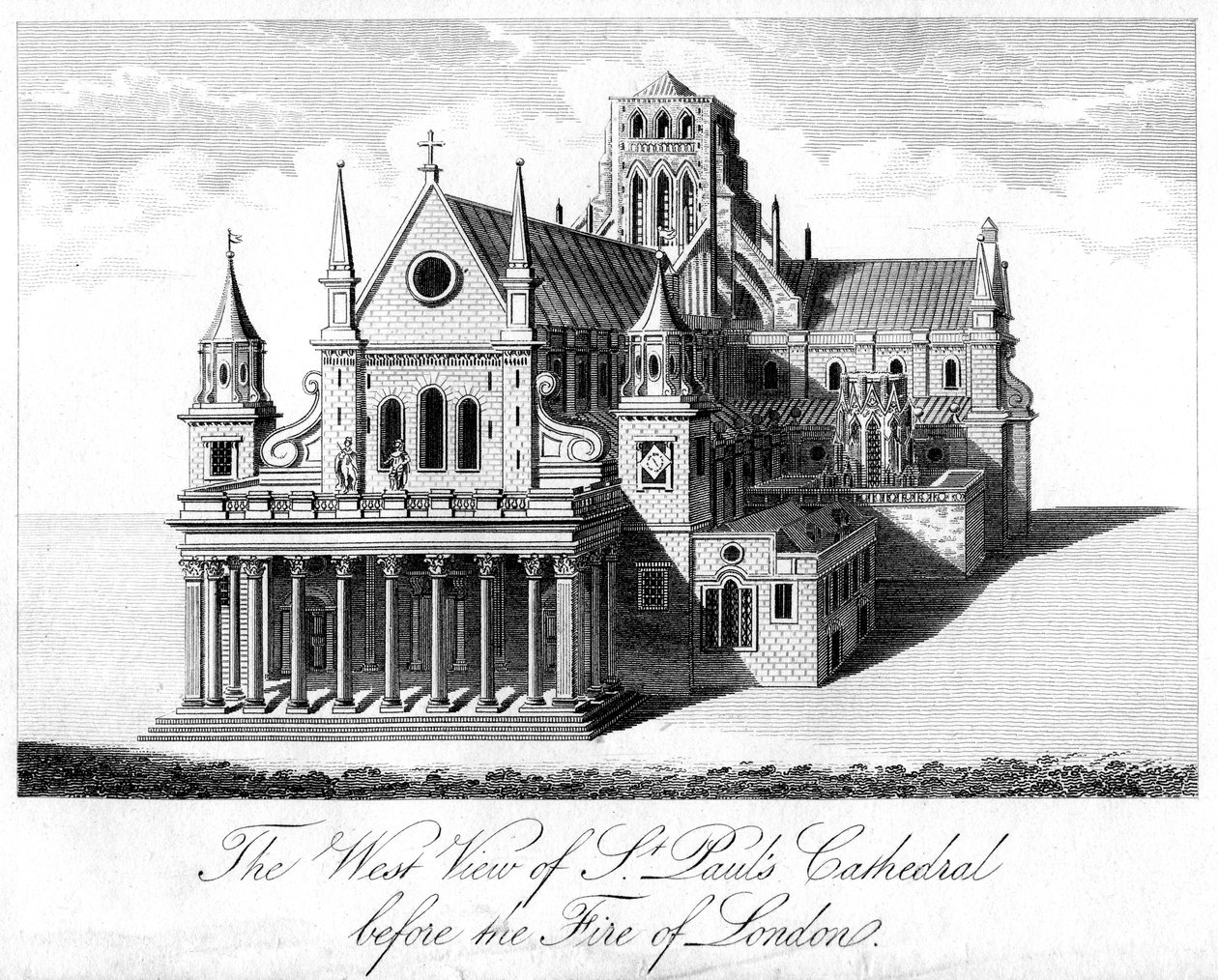A vista oeste da Catedral de St Pauls antes do incêndio de Londres de Unbekannt