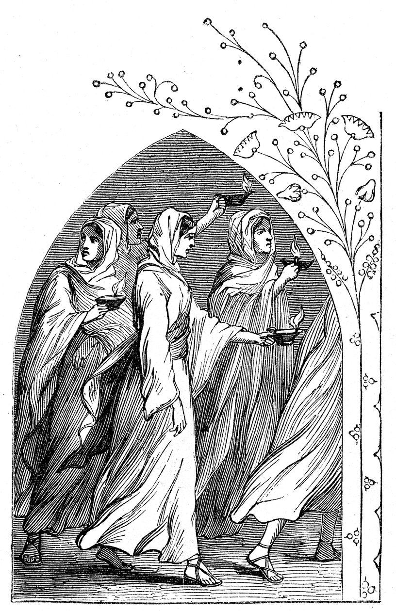 As Sábias Virgens indo ao encontro do noivo, suas lâmpadas brilhando intensamente, 1883 de Unbekannt