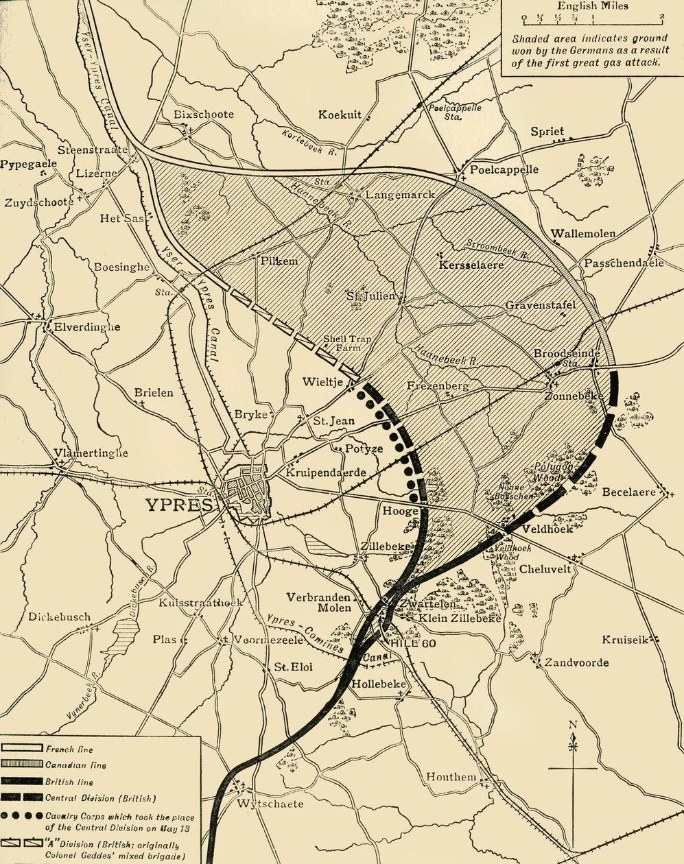 O Ypres Salient antes e depois da Segunda Batalha de Ypres ..., Primeira Guerra Mundial, 1915, c1920. de Unbekannt