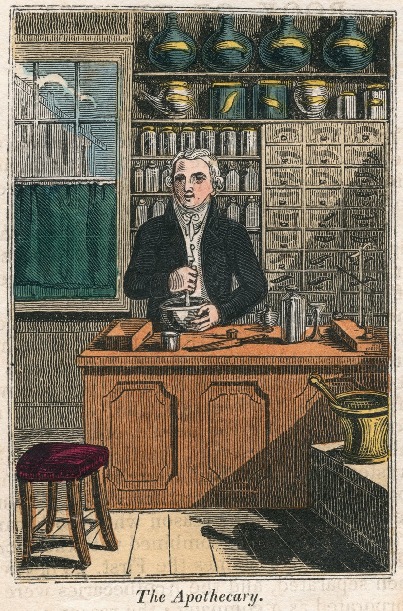 O farmacêutico usando pilão e argamassa para preparar drogas, 1823 de Unbekannt