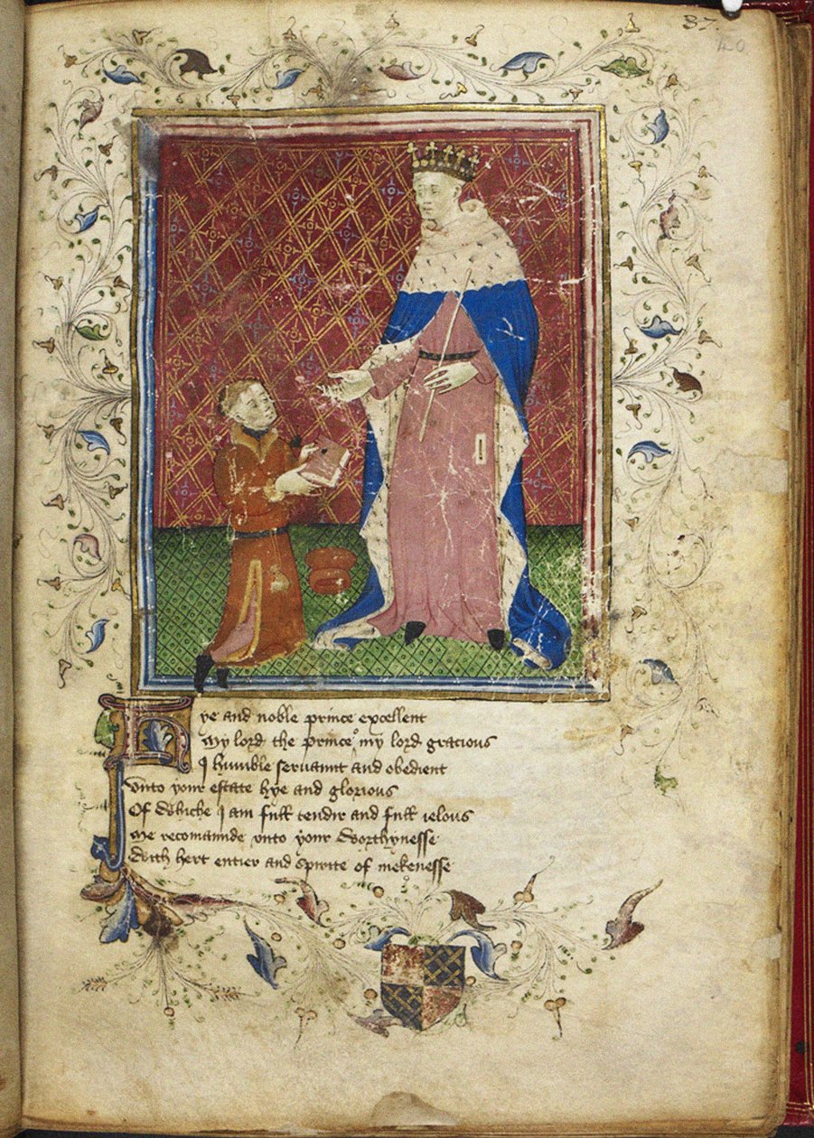 O autor que apresenta seu livro a Henrique V do Regimento de Príncipes Thomas Hoccleves, século XV de Unbekannt