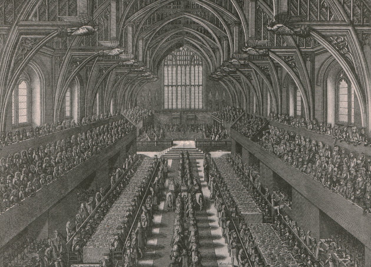 O banquete no Grande Salão do Palácio de Westminster ... coroação de James II em 1685, 1902. de Unbekannt