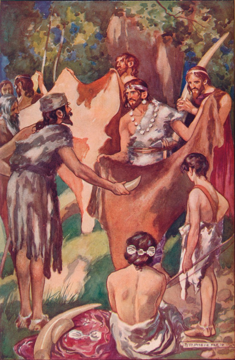 Os primórdios do comércio: povos primitivos trocando presas de marfim e peles de boi, 1907 de Unbekannt