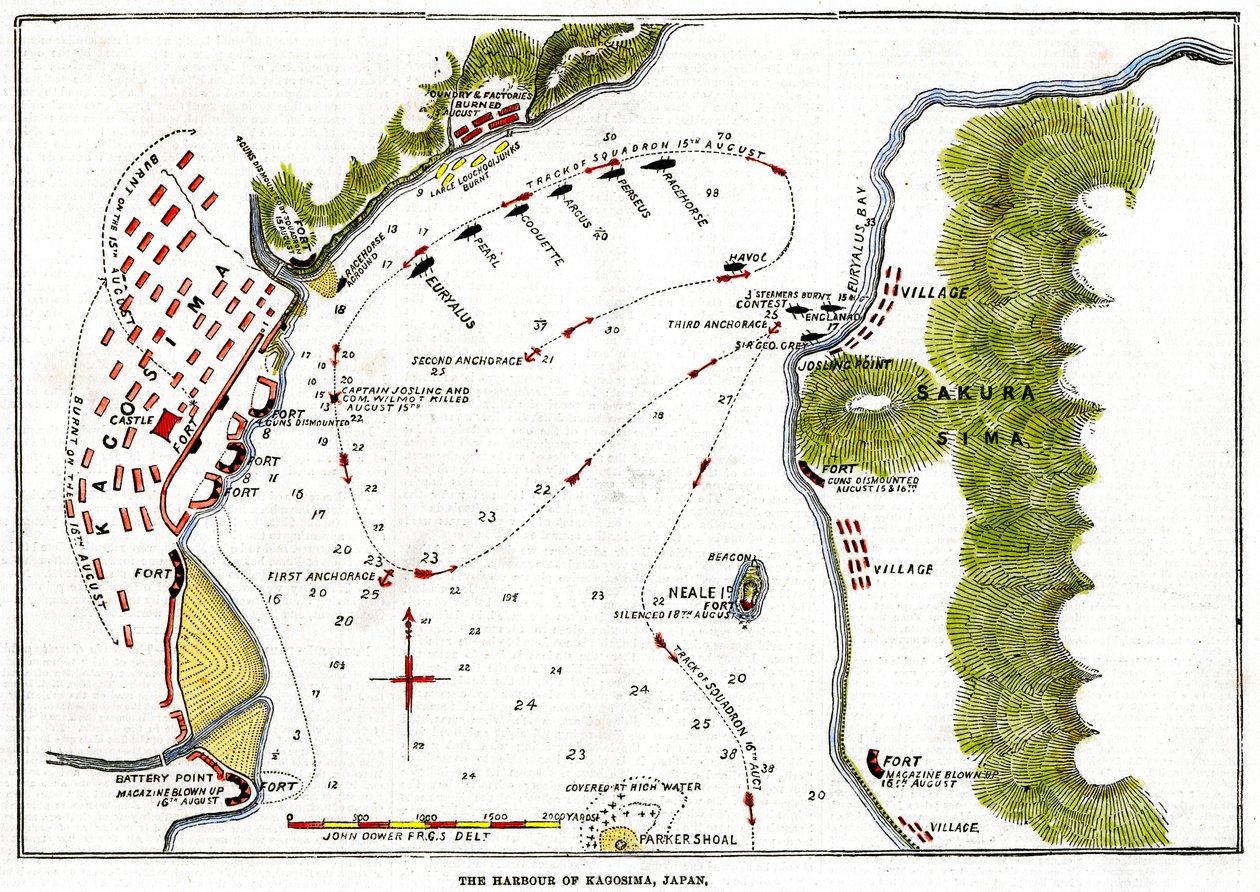 O bombardeio da Marinha Real do porto de Kagoshima, Japão, 1863 de Unbekannt
