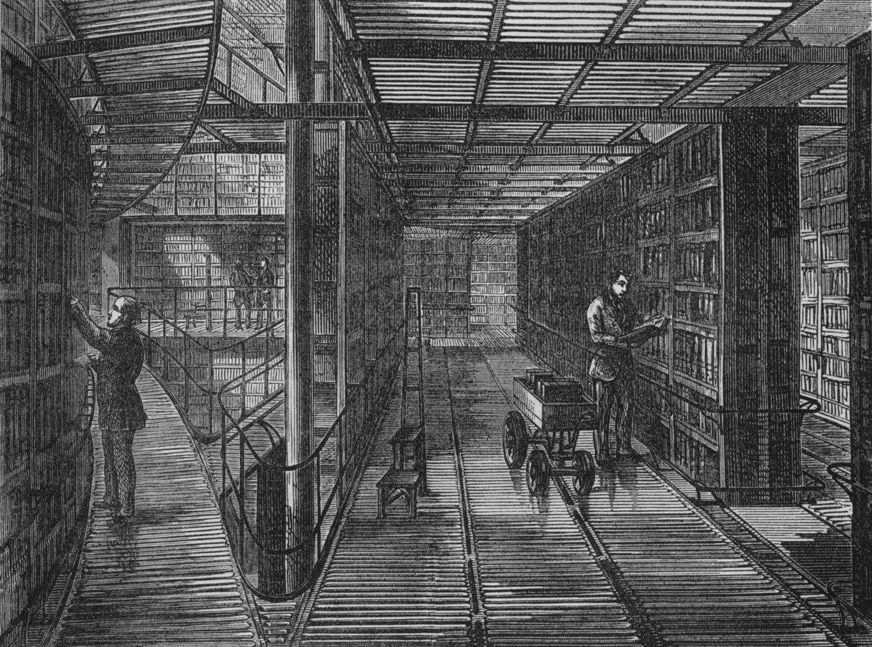 As estantes de livros no Museu Britânico, Bloomsbury, Londres, c1875 1878 de Unbekannt