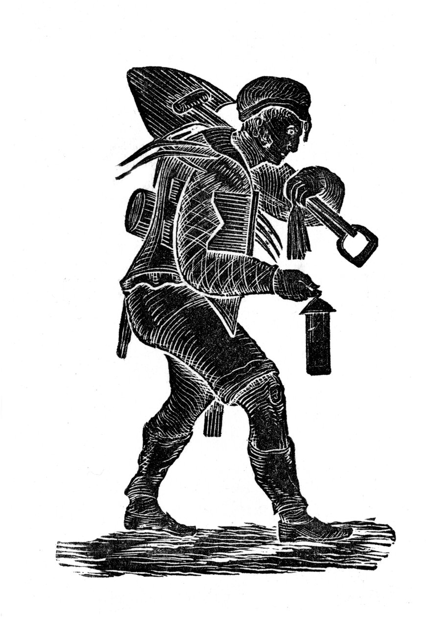 O mineiro de carvão carregando suas ferramentas e protegendo sua lâmpada, 1890 de Unbekannt